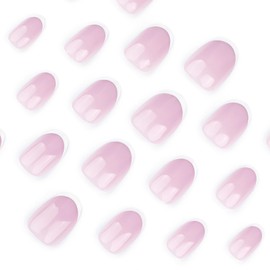 MouyouGlow Press on Nails Short Round Nude Pink White French Fake Nails with Nail Glue, White Tip Pink Natural Acrylic False Nails
