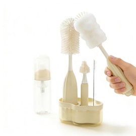 All-in-One Press-to-Foam Silicone Baby Bottle Cleaning Kit with Bottle Brush, Nipple/Straw Brushes, Tabletop Dring Rack, BPA Free for Baby Bottles, Br