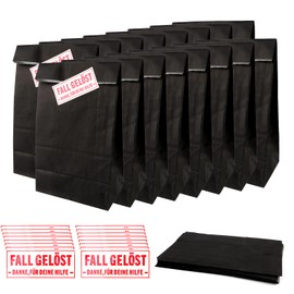 Moosono 16 Stück Papiertüten zum Befüllen mit 16 Aufkleber Detektiv, Geschenktüten Kindergeburtstag, Geschenktasche Mitgebsel Tüten aus Kraftpapier, Schwarz Fall Gelöst Detektivparty für Junge, Mädchen