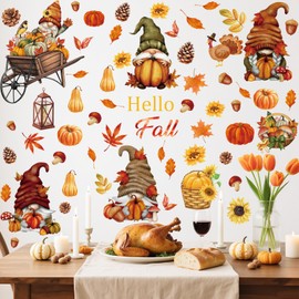 Aurlan Hello Fall Gnomes Window Clings,Thanksgiving Window Clings,Autumn Pumpkin Wall Stickers,Maple Leaves Wall Decals,Fall Leaves Decals,Thanksgiving Turkey Stickers for Room Home Kitchen Office