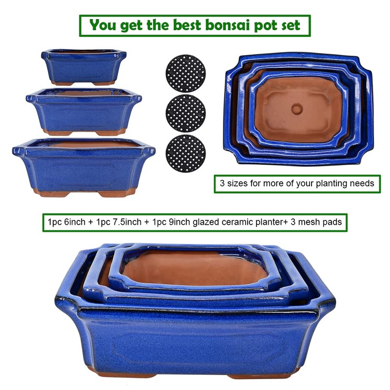 MUZHI 3 Pack Ceramic Rectangular Bonsai Tree Planter Pot Set
