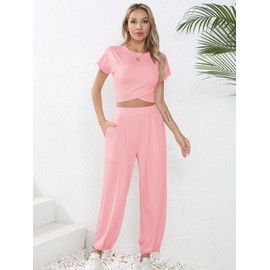 Missufe Women's Crop Top and Jogging Bottoms Tracksuit Lounge Sports Suit Leisure Suit 2 Piece Outfit with Pockets, pink, M