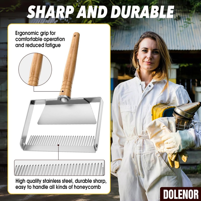 Dolenor Honey Uncapping Scraper, Tine Hive Scraper Tool Wooden Handle,Honeycomb