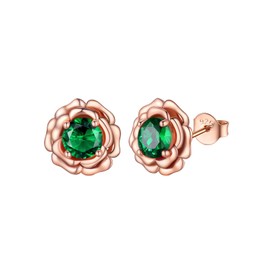 FOCALOOK Damen-Ohrringe Blume Rosa aus Vermeil-Vermeil verziert mit künstlichem Smaragd, Ohrstecker mit Geburtsstein von Mai, Sterling Silber Roségold