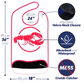 Adult Bibs for Eating: Reusable Bib with Crumb Catcher Pocket - For Men and Women (Lobster Dinner)