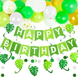 Green Happy Birthday Banner, Happy Birthday Balloons, Paper Circle Garland Swirl Streamers Monstera Leaf for Large Happy Birthday Sign Photo Backdrop Birthday Banner Kit