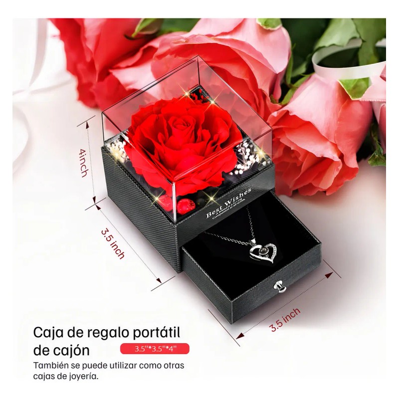 Flores Rosa Natural Eterna Y Collar De Te Amo Corazón