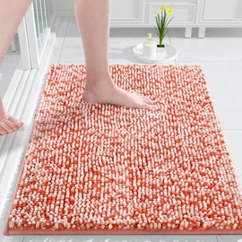 Yimobra Bath Mats for Bathroom Non Slip, 36x24, Extra Soft Chenille Bathroom Rugs, Luxury Fluffy Long Matts for Tub, Plush Shaggy Carpet, Water Absorb, Machine Washable, Orange & Pink