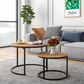 HOJINLINERO Industrial Round Coffee Table Set of 2 End Table for Living Room,Stacking Side Tables, Sturdy and Easy Assembly,Wood Look Accent Furniture with Metal Frame,Black+Teak OAKDK