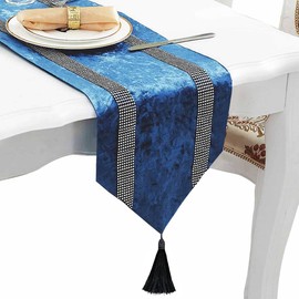 Jiino 13x84 European Style Table Runners Blue Runner Sequined Rhinestone Contracted Tassels Table Runner and Dresser Rhinestones Tablecloth Decoration