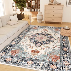 CAPALOCA Machine Washable 5x7 Area Rugs for Living Room Vintage Rugs Carpet Rugs Non Slip Low Pile Water Repellent Soft Print Pattern for Bedroom Indoor Decor Polyester Rug Bluebeige