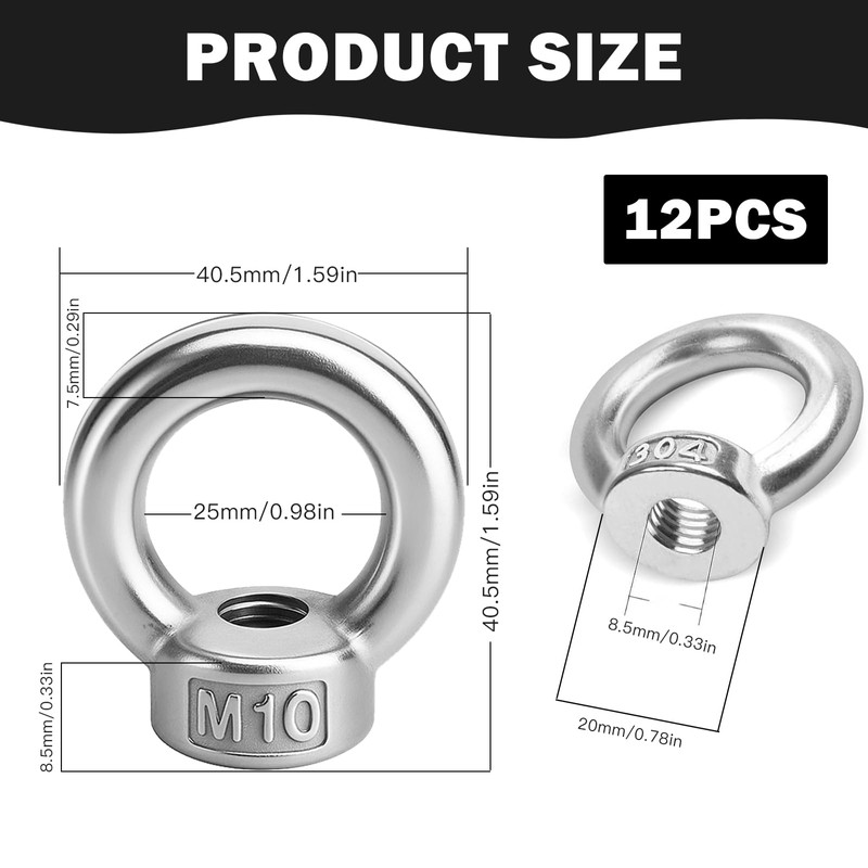 12 Stück Ringmutter M10, 304 Edelstahl Ringmutter, Gewinde Ösenmutter Hebegeräte