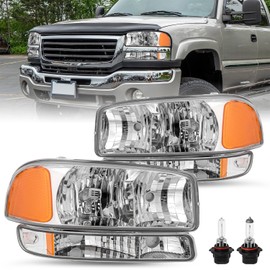 JSBOYAT 4 PCS Fits for 99-06 GMC Sierra 1500 2500 3500 Headlight Assembly Replacement w/Bulbs 00-06 GMC Yukon/Yukon XL Front Lamp with Bumper Light NOT Fit Denali Model