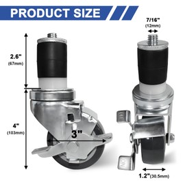 MySit 3 Inches Prep Table Wheels Set of 4, Expanding Stem Casters with Side Brake Fit 1-1/2", 1-5/8", 1-3/4", 1-7/8"ID Tube Pipe Legs for Stainless Steel Kitchen Cart, Wire Shelving Racks