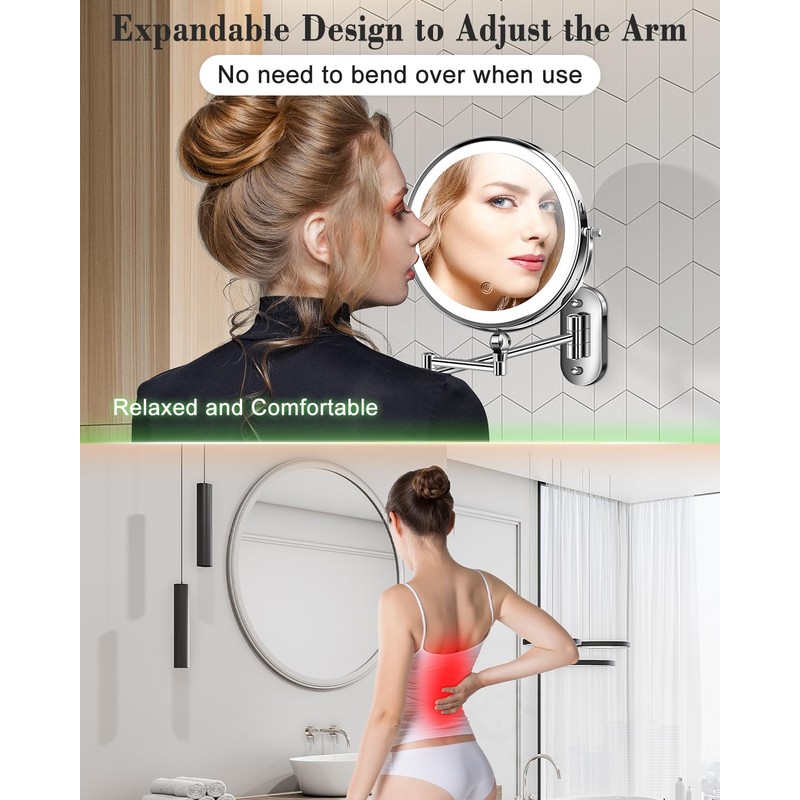 30X/1X Wall Mounted Lighted Makeup Mirror, 9'' Height Adjustable Double