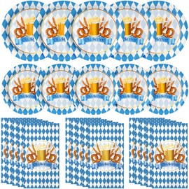 Oktoberfest Party Plates and Napkins Set Serve 50, Bavarian Oktoberfest Party Supplies Decorations, Disposable Blue and White Flag Check Paper Plates Napkins for German Oktoberfest Beer Festival Party