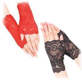 Pack of 2 Fingerless Gloves, Lace Gloves, Communion Gloves, Lace Gloves, Wedding Bridal Gloves, Women's Prom Sexy, Lolita for Gloves, Short, Elastic, Half-Finger Gloves, Black+red