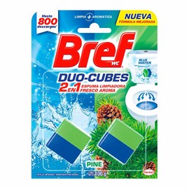 Pastillas limpiadoras para inodoro Bref Duo-Cubes Pine 2 en 1 aromatizantes 100 g, BrefWC Duo Cubes Pino, blanco