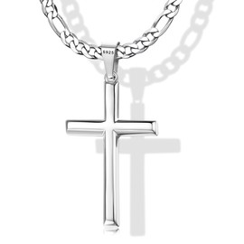 Krfy 925 Silver Cross Pendant Necklace for Men Women with 5 mm Durable Stainless Steel Diamond-Cut Figaro or Curb Chain Necklace 18K White Gold Plated Cross Pendant Necklace for Men 18-30 Inches,