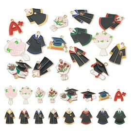 FASHEWELRY 16 Pcs 16 Styles Graduation Enamel Charms Golden Academy Charms Graduation Gown Cap Book Cloth Letter A+ Grad Pendant Flower Charms Graduation Charms for Jewelry Making DIY Crafts