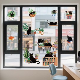ANATTASOUL Static Window Clings Black Cat 1 Sheet Reusable Window Decals for Glass, 47.24" x 11.8" Removable Double Sided Window Sticker for Room Office Home Decoration