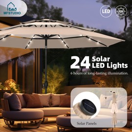 MFSTUDIO 10ft 3 Tier Solar Patio Umbrella, Outdoor Market Umbrellas with 24 LED Lights, Auto-tilt, Sun Shade for for Backyard Deck Garden, Beige & Khaki