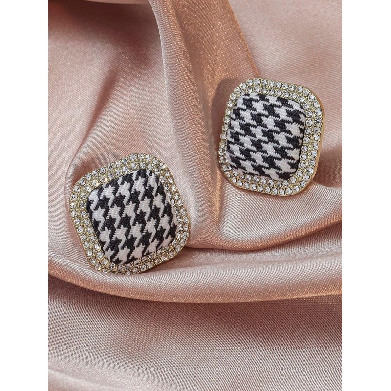 Statement Earrings for Women Vintage Checkered Black and White Rhinestone
