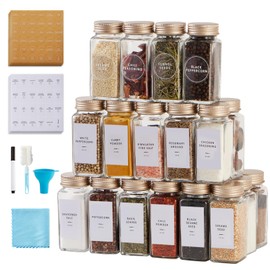 48 Pcs Spice Jars with Label- Glass Spice Jars with Gold Metal Caps,Shaker Lids, Funnel, Chalk Pen, Brush,Cleaning Cloth,Skiileor 4oz Seasoning Containers Bottles for Spice Rack, Cabinet, Drawer