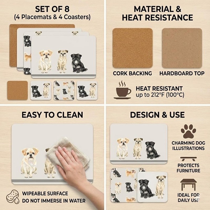 Placemats and Coasters Set 8-Piece (4+4) – Heat-Resistant, Waterproof, Non-Slip