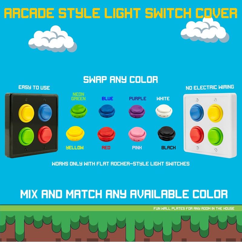 Arcade Light Switch Plate Cover, (White/Red,Blue,Green,Yellow) Double Switch, 2-Gang Standard