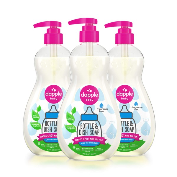 DAPPLE Baby Bottle and Dish Soap, Fragrance Free Dish Liquid, Plant Based, Hypoallergenic, 1 Pump Included, 16.9 Fluid Ounces (Pack of 3) (Packaging May Vary)