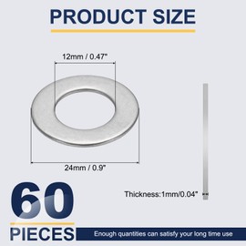 sourcing map M12 Flat Washer for Screw, 60Pcs Metal Washers 12MM ID x 24MM OD x 1MM Thick