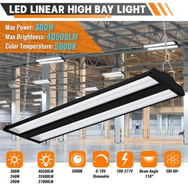 Allsmartlife LED Linear High Bay Shop Light Black 1-Pack, 5000K Daylight 300W 40500LM 0-10V Dimmable, Adjustable Tilt Hanging LED Shop Light Fixture for Garage Warehouse Workshop