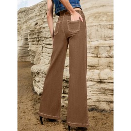 Sidefeel Womens Wide Leg Jeans Casual Baggy High Waisted Stretch Denim Pants Size 12 Brown