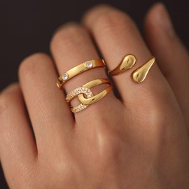 Carffordo 14K Gold Plated Chunky Rings Set for Women Tarnish Free - Dainty CZ Statemnet Stacking Thumb Knuckle Ring Size 8