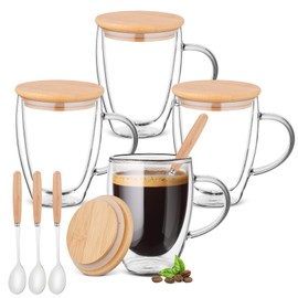 Ulrikco 4 Pack Double Walled Glass Coffee Mugs with Bamboo Lid/Spoon, Insulated Coffee Cups with Handle, Cappuccino Latte Glasses Cup, Clear Glass Mugs for Hot Drinks Tea Milk Juice Ice Cream (350ml)