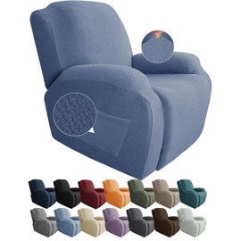 JIVINER 4-Piece Recliner Chair Covers Stretch Jacquard Covers for Reclining Chair Recliner Slipcovers for Living Room Soft Recliner Protector with Pocket (Recliner, Light Blue)