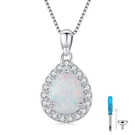 Urn Necklace for Ashes Opal/Moonstone/Turquoise/Moss Agate 925 Sterling Silver Teardrop Pendant Cross Necklace Cremation Jewelry Keepsake for Human Ashes (Opal)