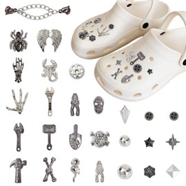Goth Croc Charms - 27PCS Croc Lights For Shoes, Croc Charms, Silver Croc Charms, Dark Punk Style Diy Shoe Clips, Y2k Goth Shoe Buckles Flowers, Punk Metal Style Suitable for Birthday Festival Party
