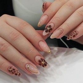 NEWSPIED Almond Press on Nails Medium Fake Nails Leopard Print Flower Full Cover Stick on Nails Chrome Gold French Tips Glue on Nails Nude Glossy Designs Acrylic Nails Press ons for Women Girls 24 Pcs