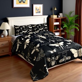 Butterfly Moth Insects Comforter Set King Size,Bug Beetles Entomological Quilt Set for Kids Boys Teens Men Bedroom Decor,Nature Animal Bedding Set Retro Black Brown Duvet Insert,2 Pillowcases