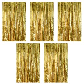 Roosea 5Pcs Tinsel Curtains Gold foil Curtain Backdrop Foil Fringe Curtain Foil Curtains Gold Streamers Party Streamers Backdrop Curtain for Birthday Party Wedding Holiday Decoration 3.6ftx6.6ft
