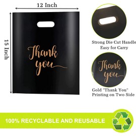 MUKOSEL MUKOSEL 100Pcs Thank You Merchandise Bags, Extra Thick 2.36 Mil 12x15 In Retail Plastic Shopping Bags for Small Business Stores Boutique Clothes, Reusable Gift Bags Plastic Bags with Handle (Blacke)