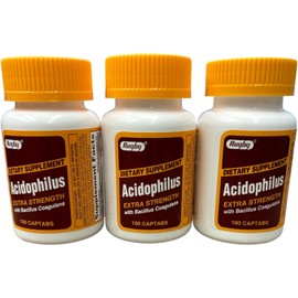 [3 PACK] Rugby® Acidophilus Extra Strength with Bacillus Coagulans (100 Captabs)