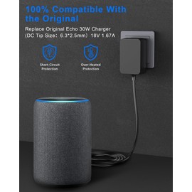 30 W Power Supply Charger Replacement for Echo (3rd/4th Gen), Echo Show 8/10/15, Echo Plus (2nd Gen), Echo Show (2nd Gen), 1.5 m Power Cable, Compatible with Alexa, Black
