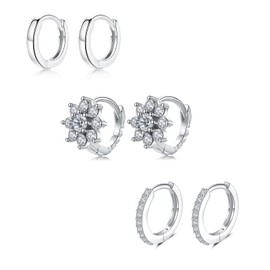 Sterling Silver Hoop Earrings for Women, 3 Pairs Small Huggie Hoop Earrings Set | Hypoallergenic Flower Cubic Zirconia Hoops Earring Jewelry for Men Girls, (8mm*3)