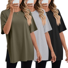 Huukeay 3 Pack Women's Oversized Gym T Shirts Cotton Short Sleeve Side Split Crewneck Tops Casual Workout Baggy Basic Tee(Black, Gray, Army Green,XXL)
