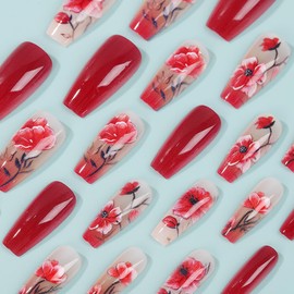24 Pcs Press on Nails Long Square Nails Acrylic Red Naked Gradient Red Flower Design French Tip Fake Nails Classic Glue on Nails Full Cover Gel French False Nails for Artificial Women DIY Manicure