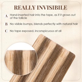 Elailite Tape Extensions Real Hair #4P27 Medium Brown/Honey Blonde, Pack of 10 Invisible Glue Hair Extensions 20 g, 35 cm Sewn Hair, Straight, Invisible