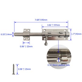Proshopping 8 Inch Thick Slide Barrel Door Bolt Latch Heavy Duty Gate Lock,Slide Bolt Latch, 304 Stainless Steel Bolt Lock with Padlock Hole, Shed Door Latch for Wooden Fence - Silver